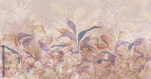 tropical leaves on a light beige background with textural backgrounds, photo wallpaper in the interior © Viktorious_Art