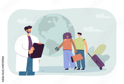 Couple taking PCR test to travel to another country. Man and woman with luggage next to doctor flat vector illustration. Medical examination concept for banner, website design or landing web page