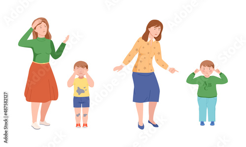 Annoyed Mother Scolding Her Kid for Disobedience and Bad Behavior Vector Illustration Set