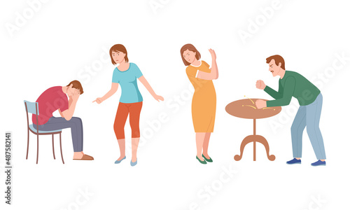 Conflicting Parents Arguing with Each Other Scolding and Shouting at Each Other Vector Illustration Set