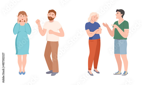 Conflicting Parents Arguing with Each Other Scolding and Shouting at Each Other Vector Illustration Set