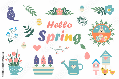 Vector spring set in pastel colors. Simple cute pictures