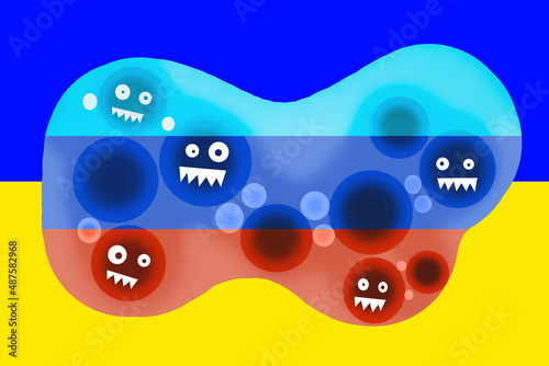 Collaborationism. Evil toothy creatures on background of the flag of the unrecognized Lugansk People Republic (LPR) inside the Ukrainian flag. DPR-Ukrainian confrontation concept. photo