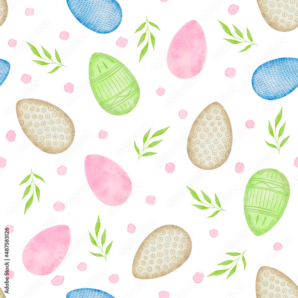 Seamless pattern with cute hand drawn eggs. Easter theme texture. Easter Spring background with flowers and eggs.
