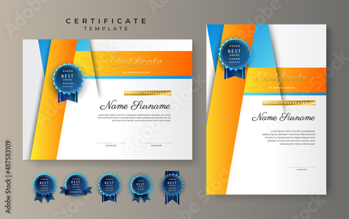 Blue and yellow orange certificate of achievement border template with luxury badge and modern line pattern. For award, business, and education needs