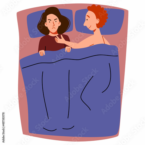 A couple of men and women lying in bed. The concept of a sexual or intimate problem between romantic partners. The girl refuses the guy. Vector illustration in a flat style.