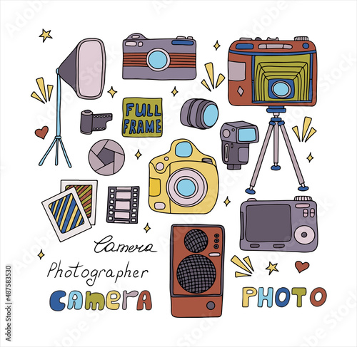 Vector photo cameras sketch set. Hand drawn style. Different types of cameras in retro and modern style. Doodle accessories for photographers. Flash, lens, light, lens