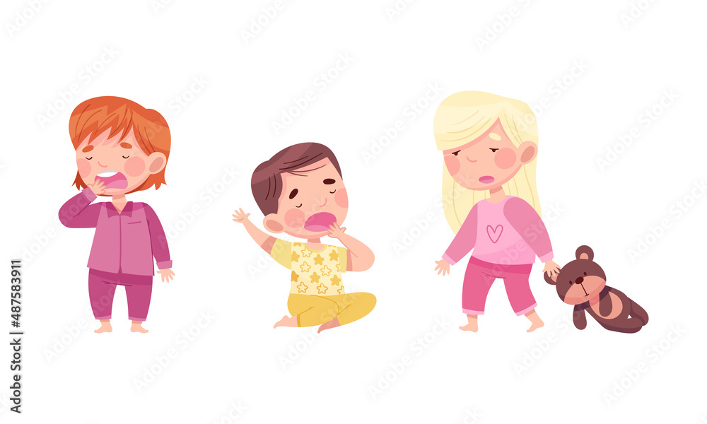 Sleepy Little Boy and Girl Wearing Pajamas Sitting and Yawning Vector Illustration Set Sleepy Little Boy and Girl Wearing Pajamas Sitting and Yawning Vector Illustration Set