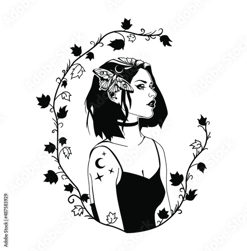 Beautiful brunette woman portrait with open eyes and moth on her hair line art and print or tattoo design vector illustration