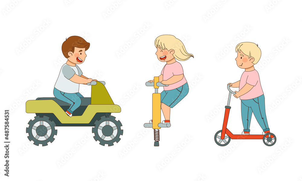 Little Boy and Girl Driving Kick Scooter and Car Enjoying Outdoor Activity Vector Illustration Set