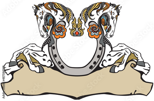 horseshoe and two decorative horses. Banner.Floral style decor, emblem, a symbol of luck and fortune. Vector illustration