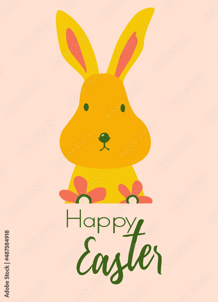 Yellow rabbit in cartoon style on a pink background greeting card for the holiday easter
