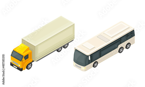 Truck or Lorry and Bus as Motor Vehicle and Urban Transport for Transporting Cargo and Passenger Isometric Vector Illustration Set