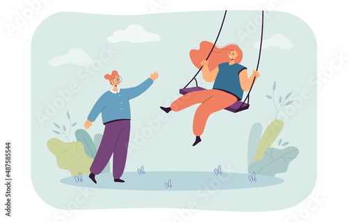 Girl swinging with friend on swing flat vector illustration. Female friends spending time together on playground or park. Friendship, leisure concept for banner, website design or landing web page