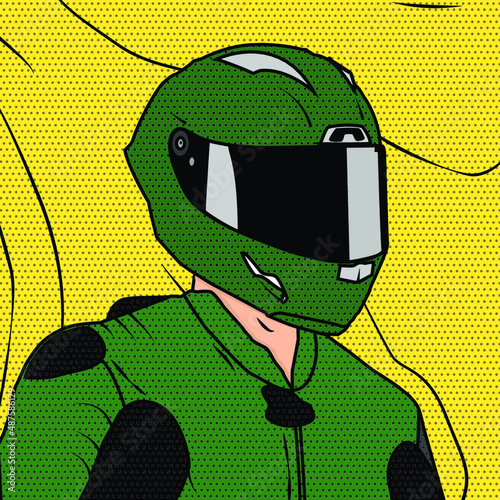 Pop-art moto grand prix driver with helmet