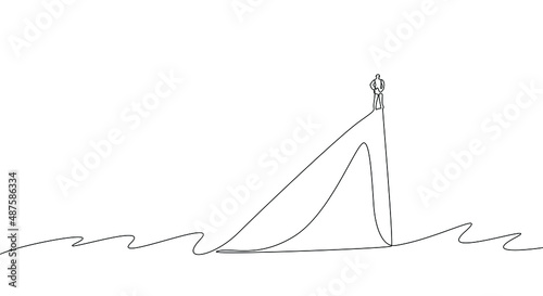 businessman executive company owner standing on end of sinking ship in sea looking away and putting hands on waist and thinking