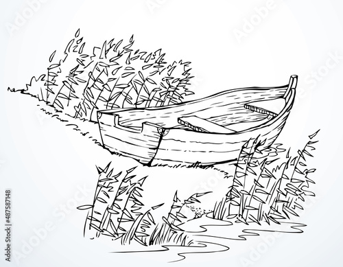 Vector drawing. Old boat on the lake
