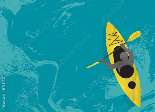 A person kayaking in swirling water in a cut paper style with textures
