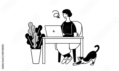 パソコンをする女性のシンプルなイラスト　困った表情