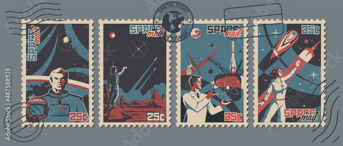 Retro Space Postage Stamps Style Illustrations, Astronauts, Space Rockets, Planets