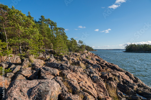 Rocky coastal view and Gulf of Finland, trees, shore and sea, Kopparnas-Klobbacka recreation area, Finland