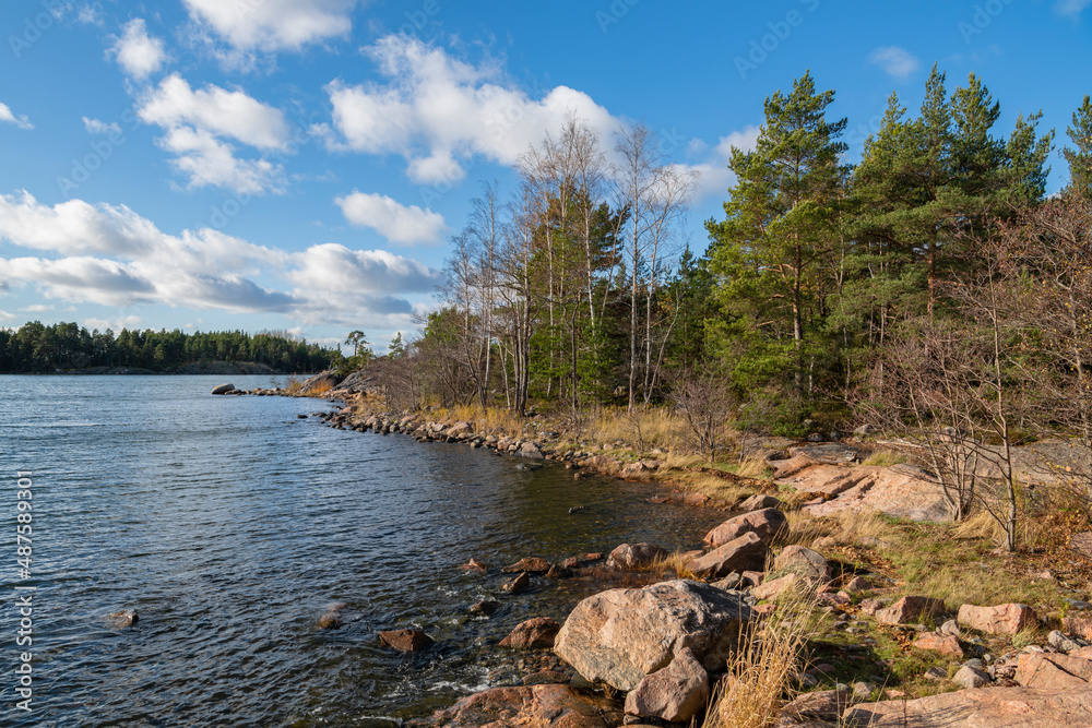 Rocky coastal view and Gulf of Finland, trees, shore and sea, Kopparnas-Klobbacka area, Finland Rocky coastal view and Gulf of Finland, trees, shore and sea, Kopparnas-Klobbacka area, Finland