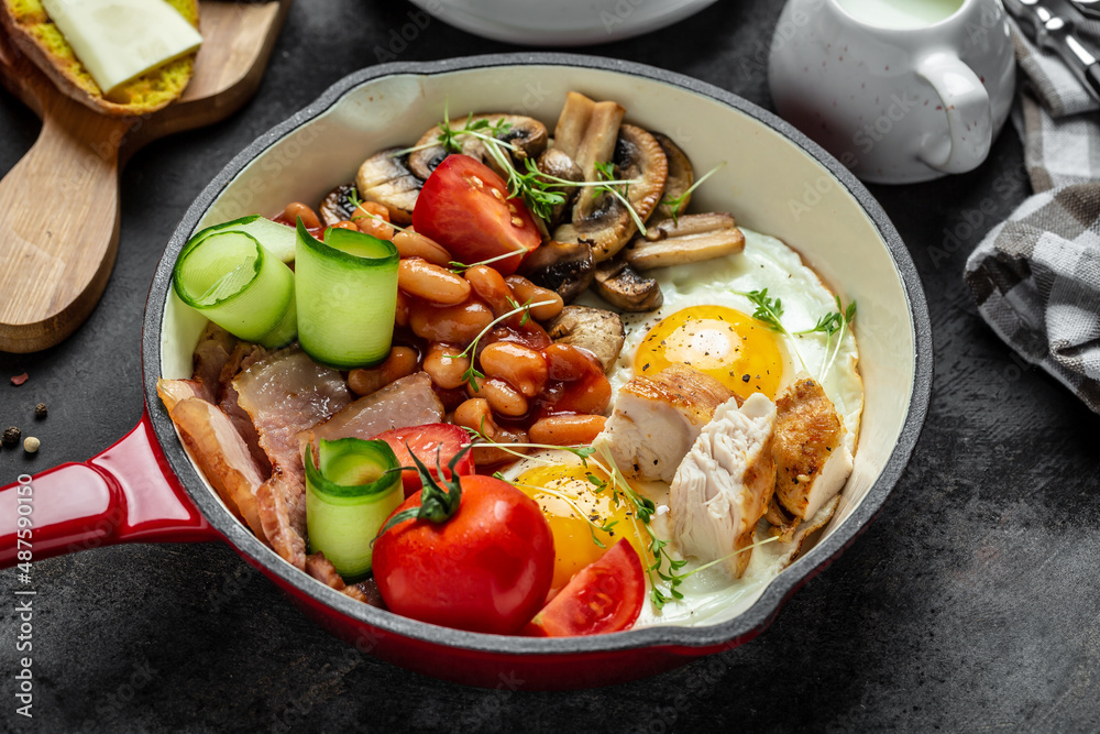 Healthy nutritious paleo keto breakfast diet. Full English breakfast in pan fried eggs, bacon, beans, toasts and coffee. Keto breakfast or lunch. banner, catering menu recipe place for text, top view.