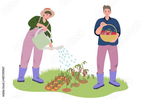 Many different people love gardening and planting vector flat illustration.Man and woman with fresh vegetables and fruits isolated on white.Farmers and gardeners work or engage in agricultural hobbies