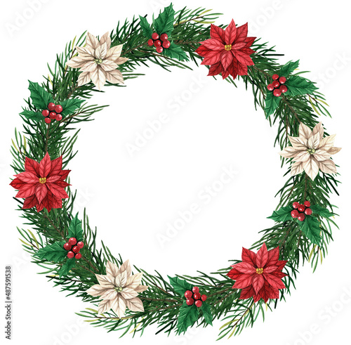 Christmas watercolor wreath made of spruce branches decorated with red poinsettia flowers and berries. 
