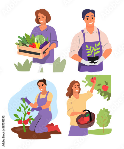 Gardening people set vector. Man and woman planting vegetable in garden