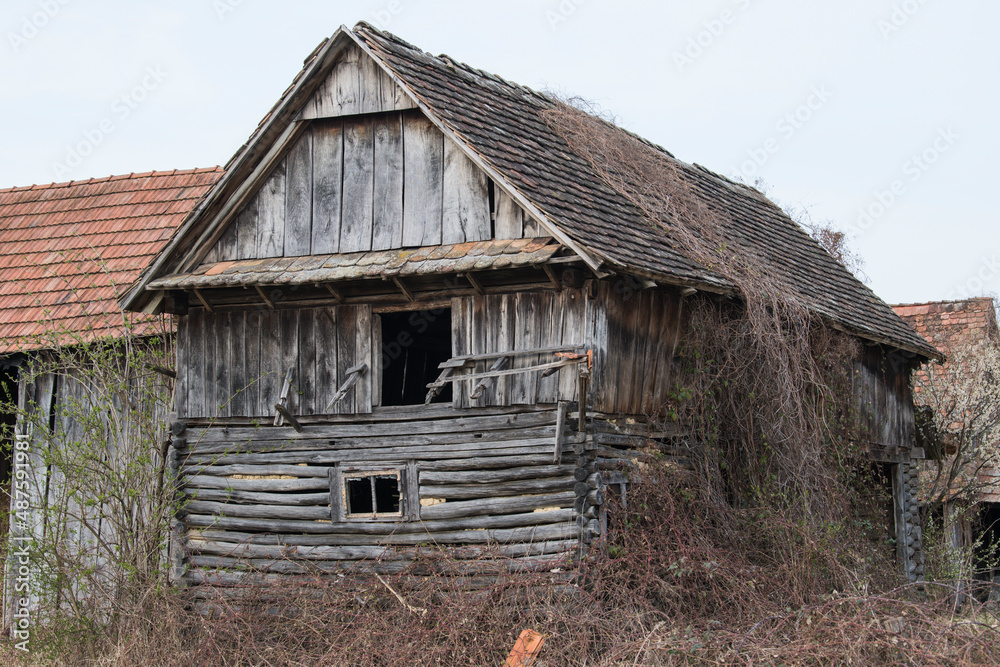 Sunja, Croatia, 05,04,2021: Abandoned traditional old wooden house. 
