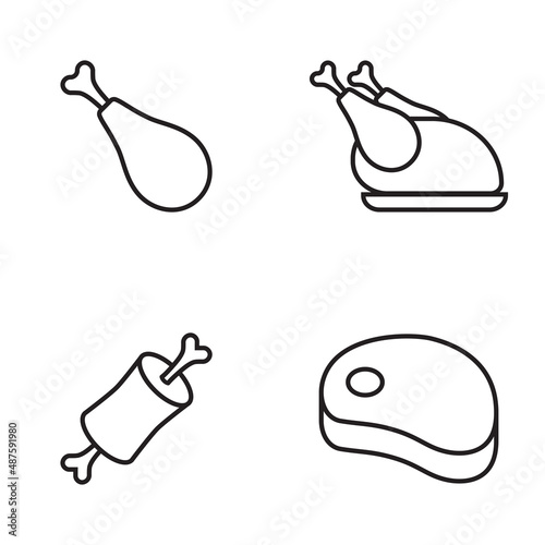 Meat  related line icon set. Beef, steak, ham, chicken. Vector.