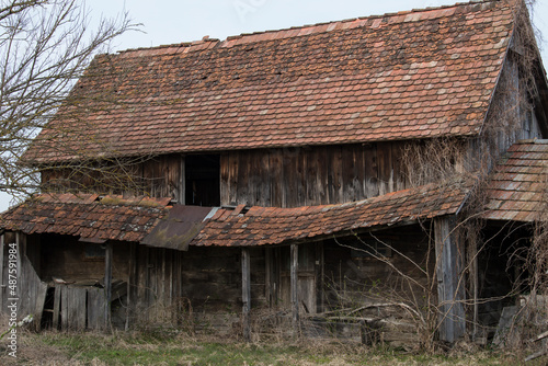 Sunja, Croatia, 05,04,2021: Abandoned traditional old wooden house.  