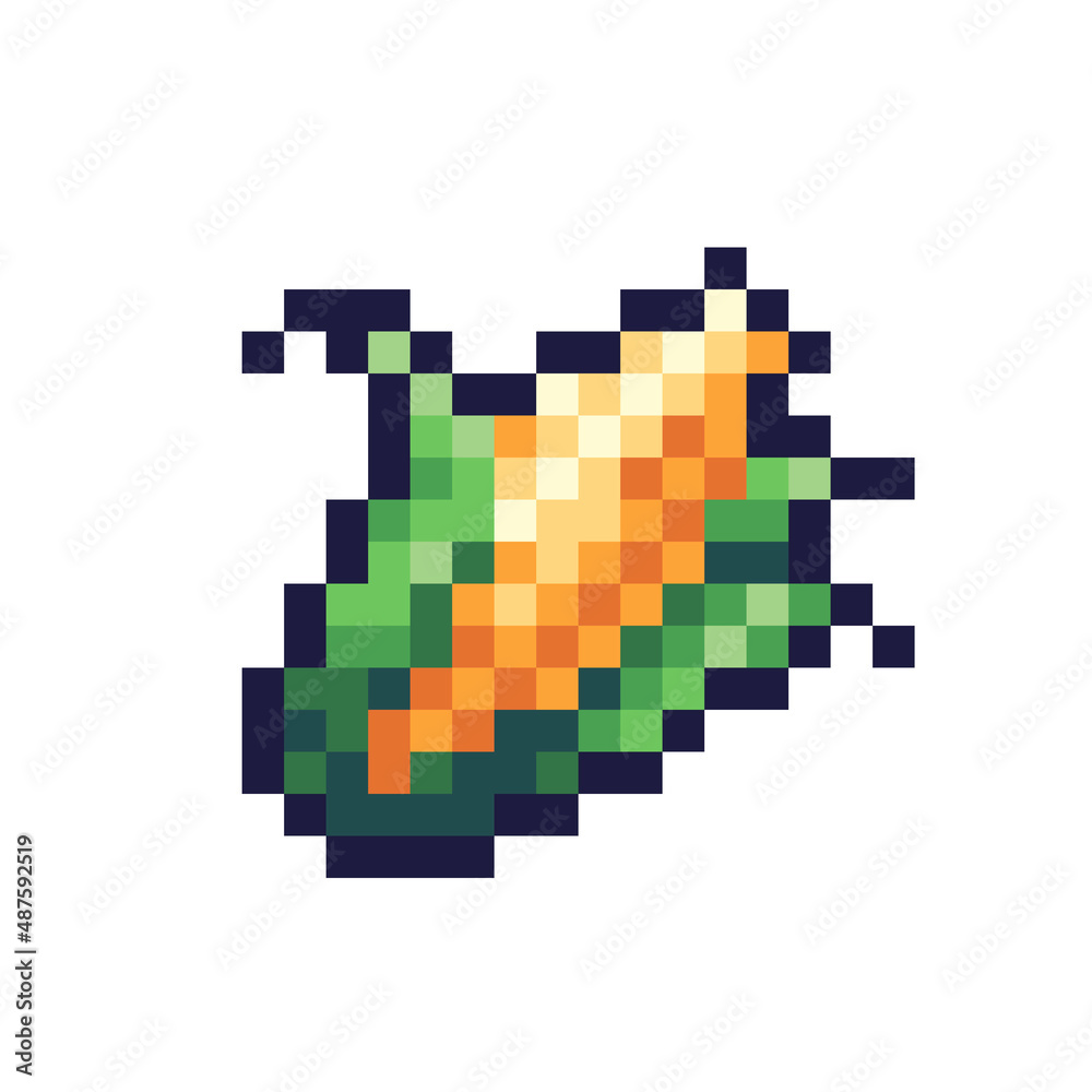 Fototapeta premium Golden corn pixel art icon. Cereal maize logo. 8-bit sprite. Game development, mobile app. Isolated vector illustration
