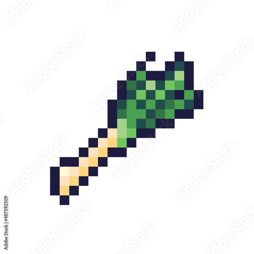 Green onion pixel art icon. Spring vegetable logo. 8-bit sprite. Game development  mobile app.  Isolated vector illustration
