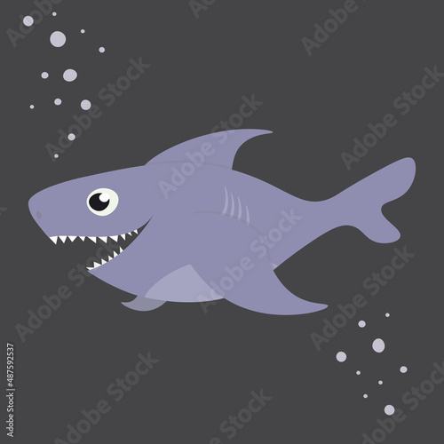 Cute little shark in cartoon style. Children's vector illustration for the design of clothes and children's accessories, for the decor of the children's room. Gray, purple, white color. Dark water. 