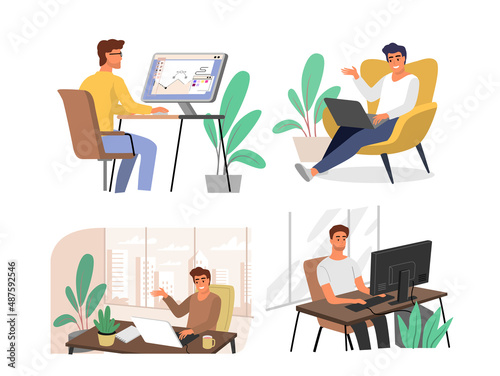 Male freelancer at home working. Businessman with laptop