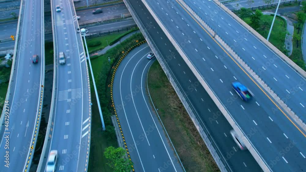 4K Time lapse Aerial view and top view of traffic on city. Expressway