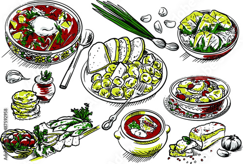 Set of vector illustration of Ukrainian National Food Borsch, dumplings with cherries, dumplings with meat, salted vegetables, cabbage rolls, salo, garlic, green onions