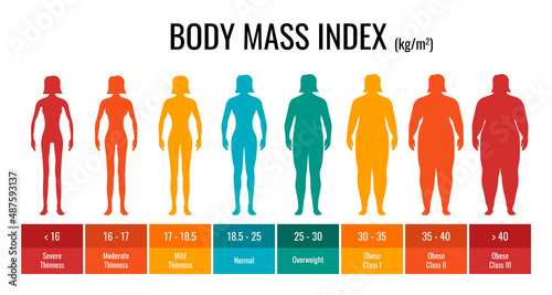 BMI classification chart measurement woman set. Female Body Mass Index infographic with weight status from underweight to severely obese. Medical body mass control graph. Vector eps illustration photo