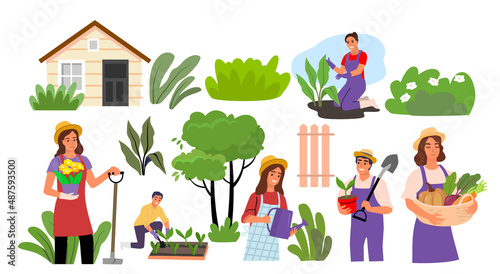 Gardening people set vector. Man and woman planting vegetable in garden