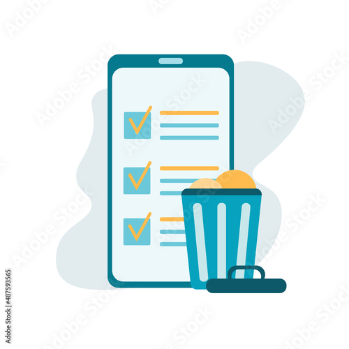 Cleaning phone, smartphone with trash can sign. Removing files or documents to waste bin. Concept of delete file, cleaning smartphone, removing process. Flat vector illustration for UI