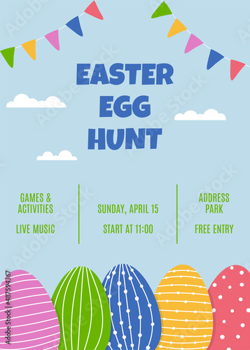 Easter egg hunt banner. Colorful decorated easter eggs and flags