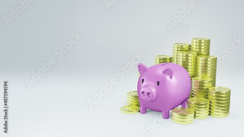 piggy bank and coins on the table, piggy bank with gold coin 3d render. photo