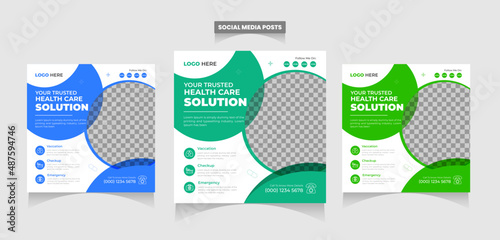 Medical  Full Set of Creative Modern social media post template. Abstract blue wave shape frame with place for the photo. Usable for social media banner ads, website, flyers, and banners