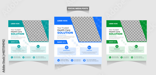 Full Set of Creative Modern social media post template. Abstract blue wave shape frame with place for the photo. Usable for social media banner ads, website, flyers, and banners