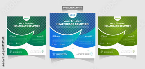 Health care social media banner ads template. Abstract blue wave shape frame with place for the photo. Usable for social media banner ads, website, flyers, and banners