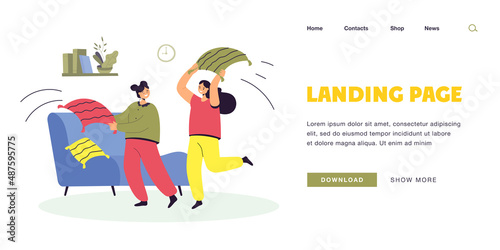Cartoon girls fighting with pillows in living room. Flat vector illustration. Happy female characters spending time together, playing, laughing. Home party, joke, fun, friendship, feminine concept