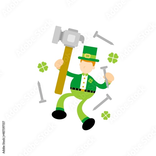 green leprechaun and hammer craft cartoon flat design illustration