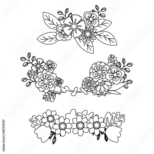 Set of Flower wreaths. Spring flowers wreath set isolated on white background, line art of springtime wedding flowering vector illustration